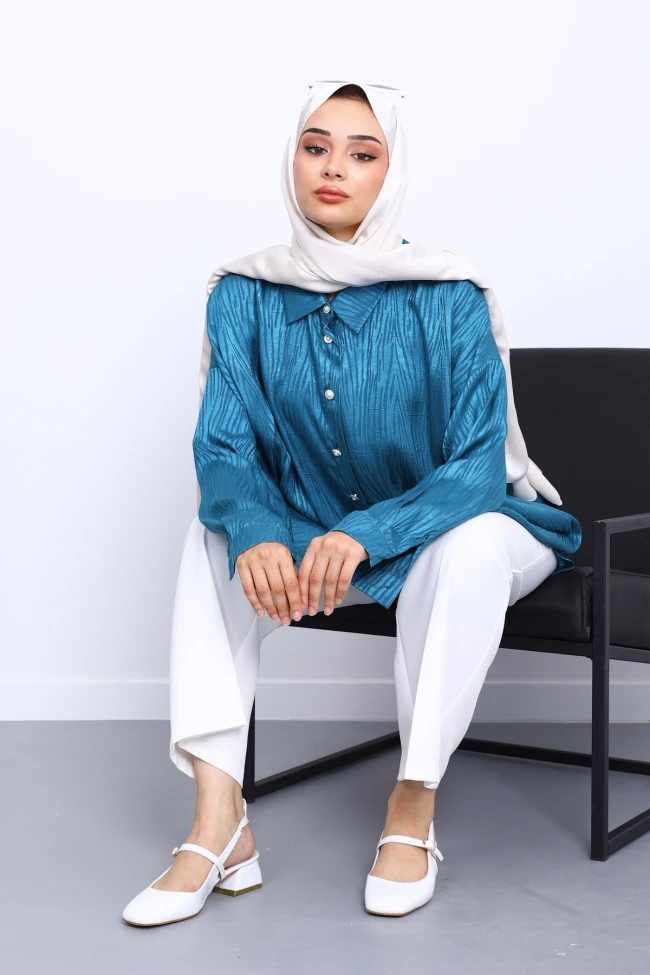 Petrol Yeşili Jakarlı Düğmeli Gömlek