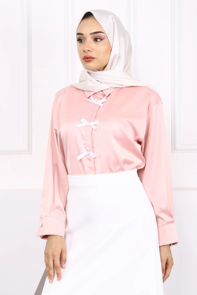 Pudra Fiyonklu Saten Gömlek