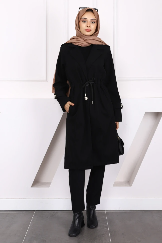 Siyah Bel Bağlamalı Kaşe Kaban