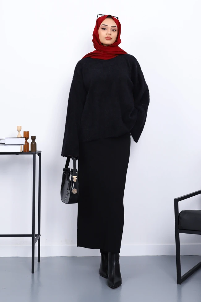 Siyah Bisiklet Yaka Oversize Sakal Triko Kazak