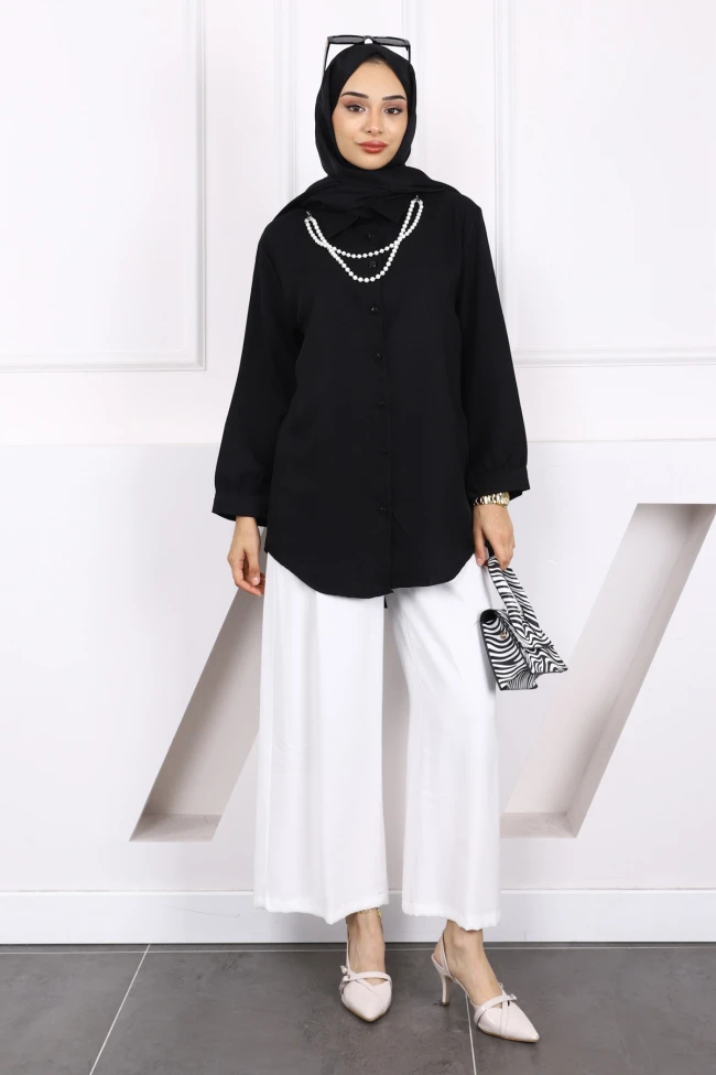 Siyah İnci Kolyeli Keten Gömlek
