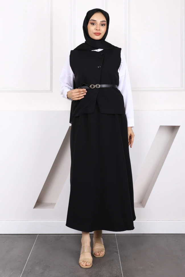 Siyah Kemerli Krep Yelek Etekli Takım