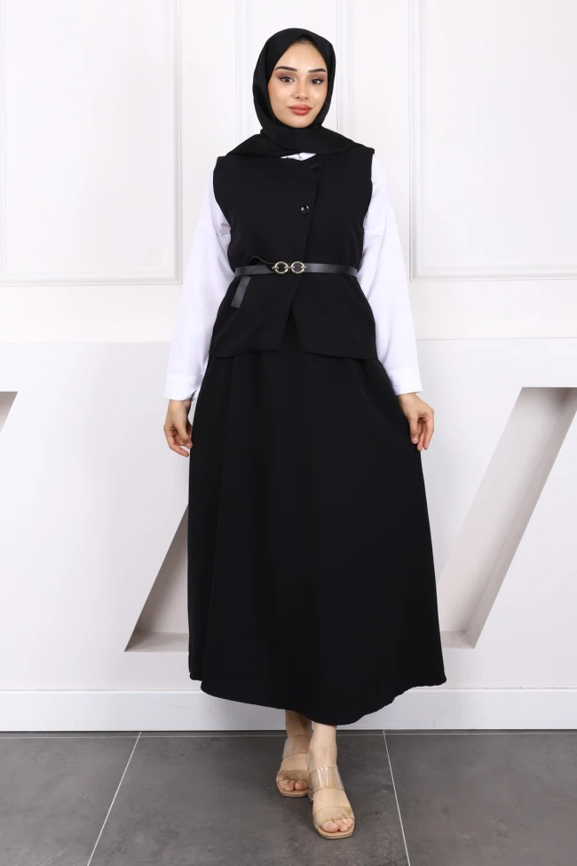 Siyah Kemerli Krep Yelek Etekli Takım