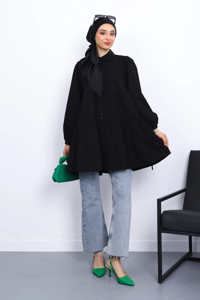 Siyah Kol Bağcıklı Tunik