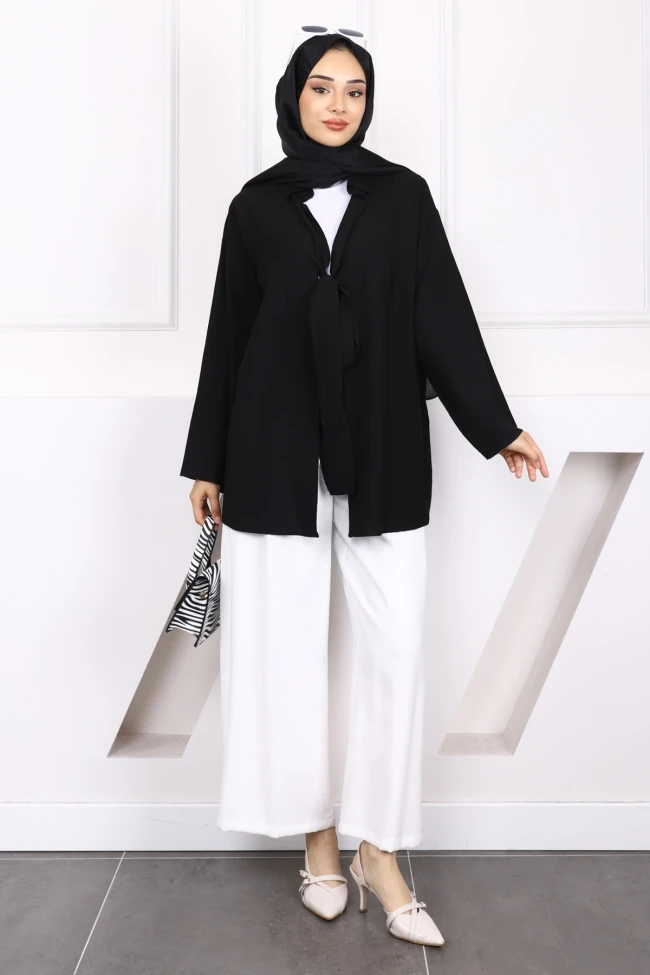 Siyah Ön Bağlamalı Modal Kimono