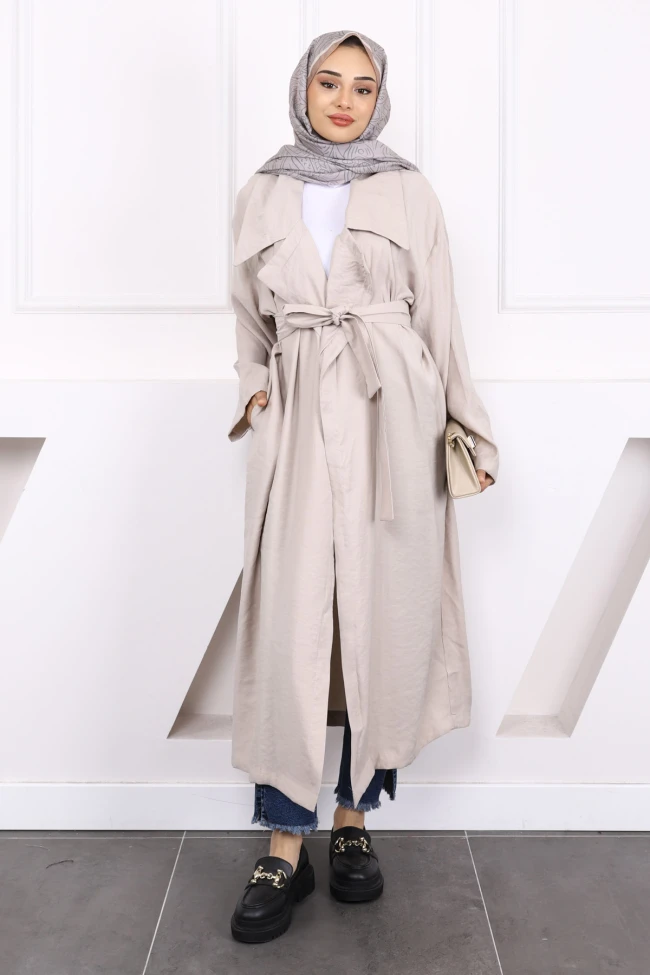 Taş Kruvaze Yaka Bel Kuşaklı Modal Trençkot