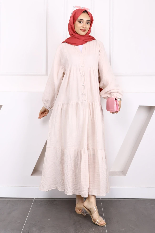 Taş Yarım Düğmeli Katlı Müslin Elbise