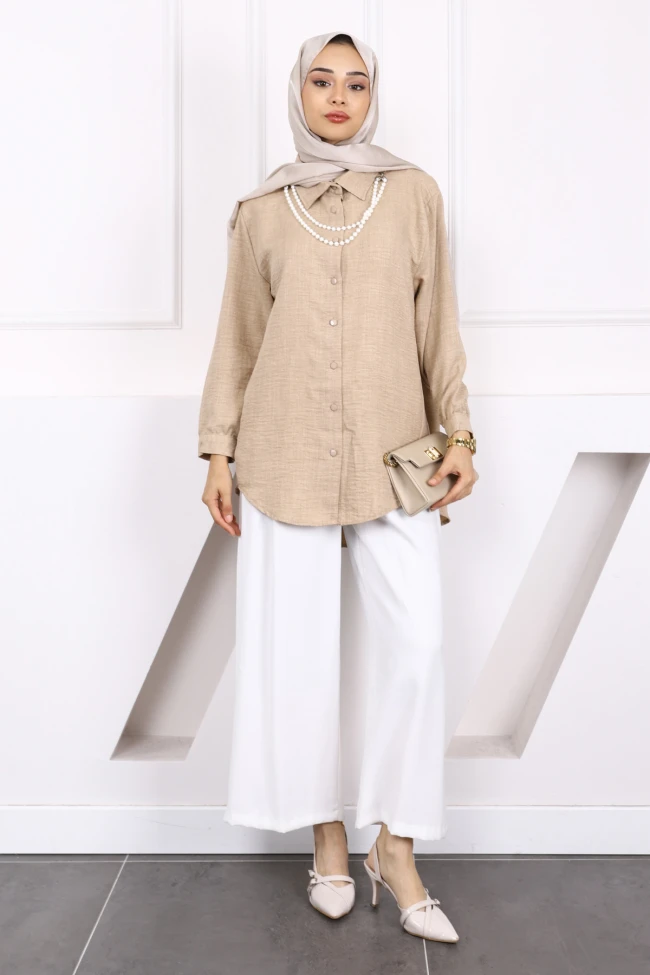 Vizon İnci Kolyeli Keten Gömlek