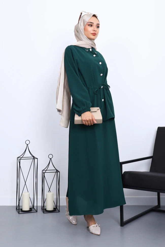 Zümrüt Yeşili Bel Bağlamalı Gömlek Etekli Takım