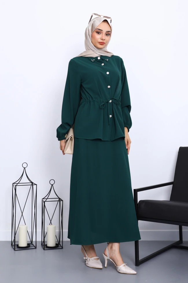 Zümrüt Yeşili Bel Bağlamalı Gömlek Etekli Takım