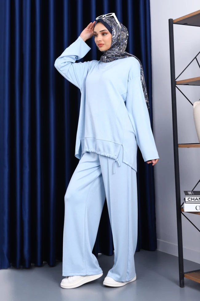 Bebe Mavi Ön Detaylı Modal Tunik Pantolonlu Takım