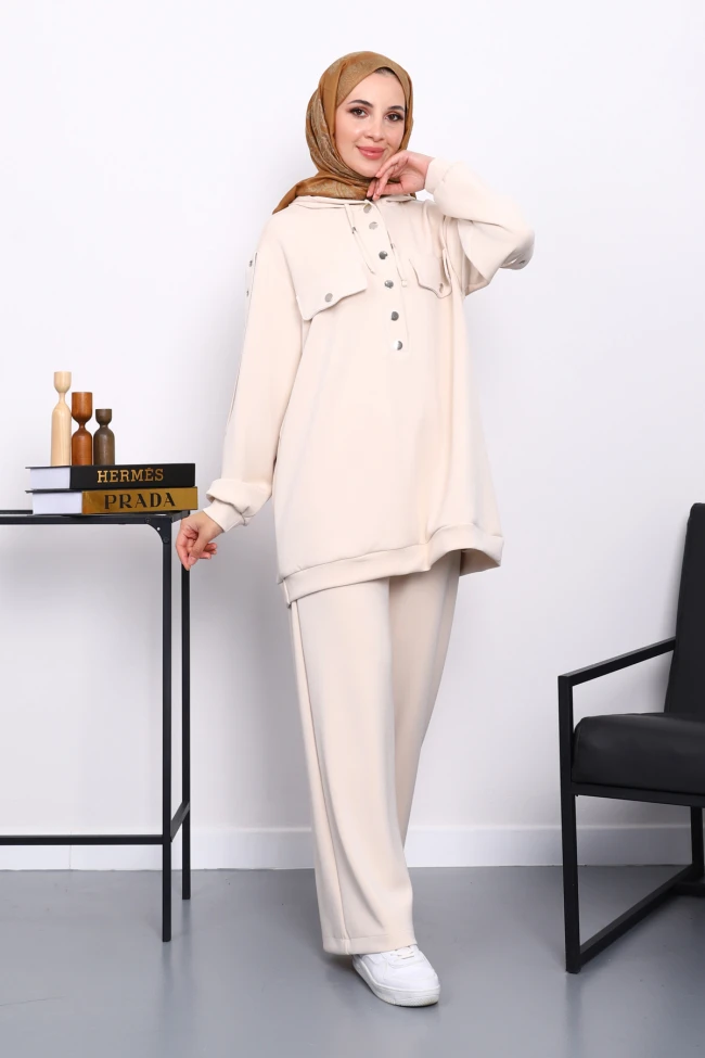 Bej Çıtçıt Detaylı Tunik Pantolonlu Takım