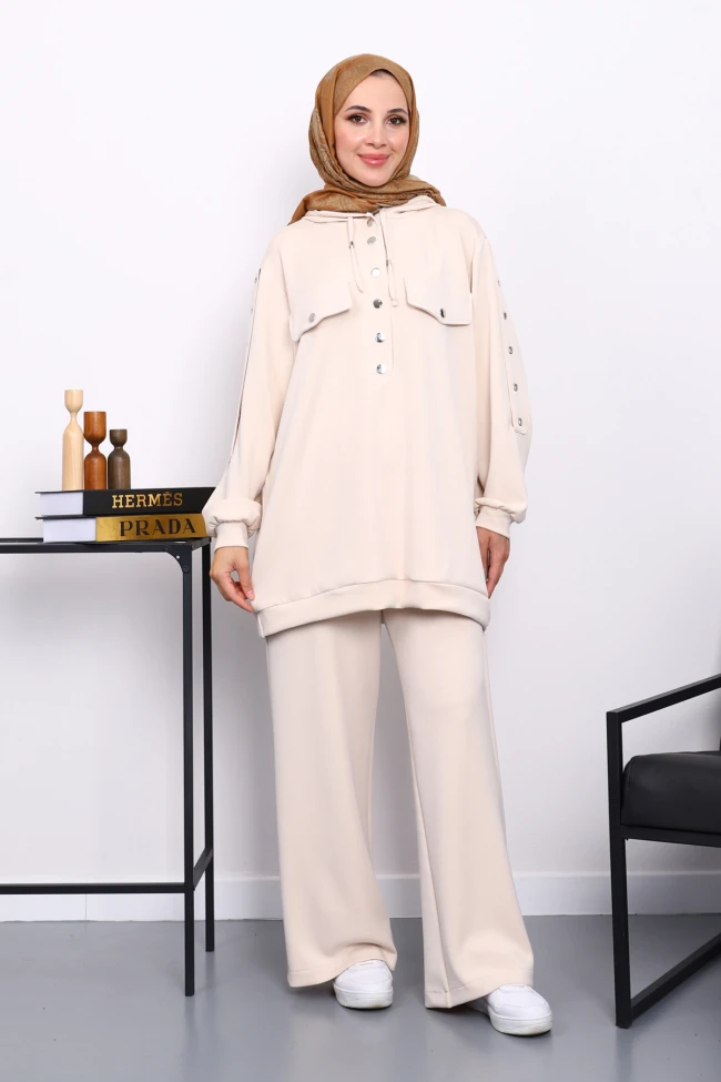 Bej Çıtçıt Detaylı Tunik Pantolonlu Takım