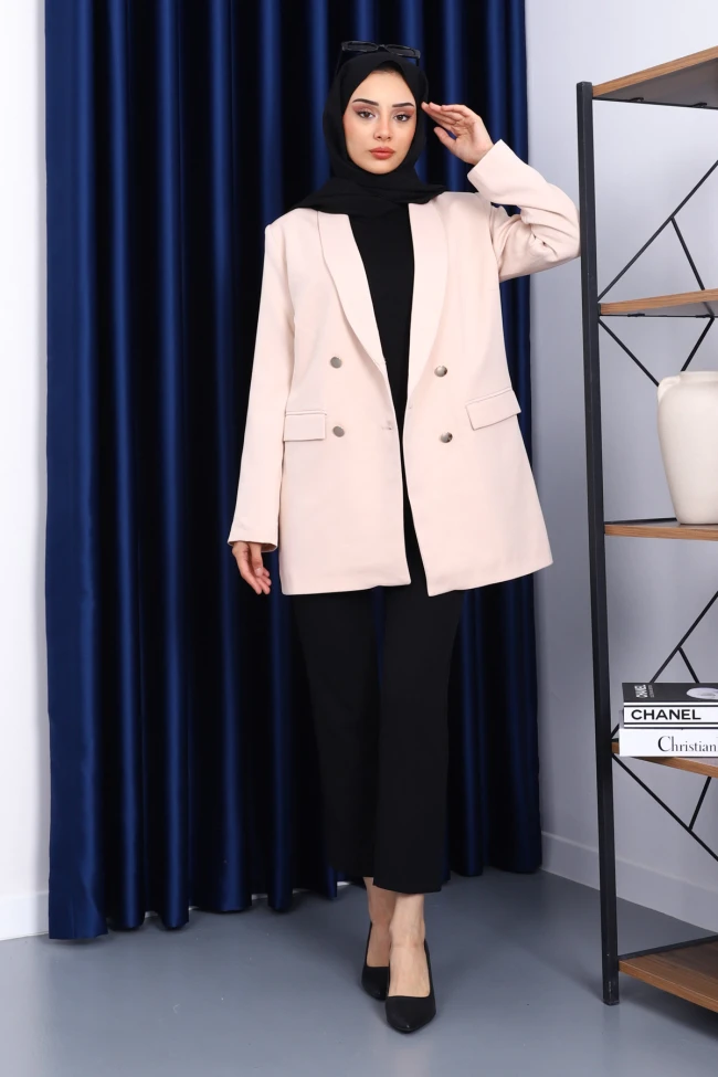 Bej Düğmeli Kruvaze Yaka Krep Ceket