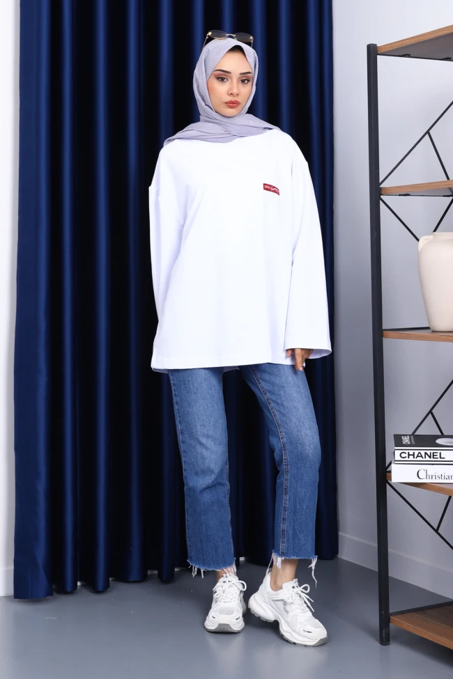 Beyaz Bisiklet Yaka İki İplik Oversize Sweatshirt