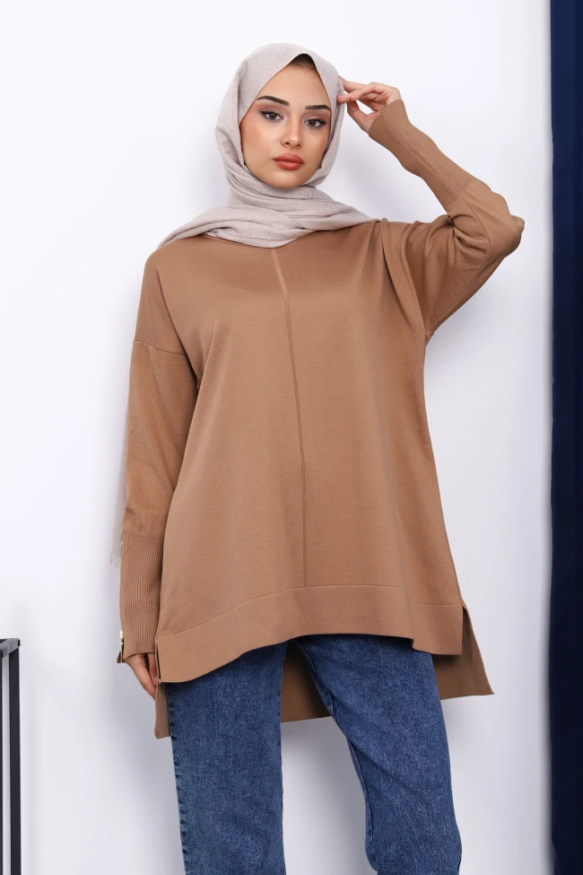 Bisküvi Kol Fermuarlı Soğuk İplik Triko Tunik