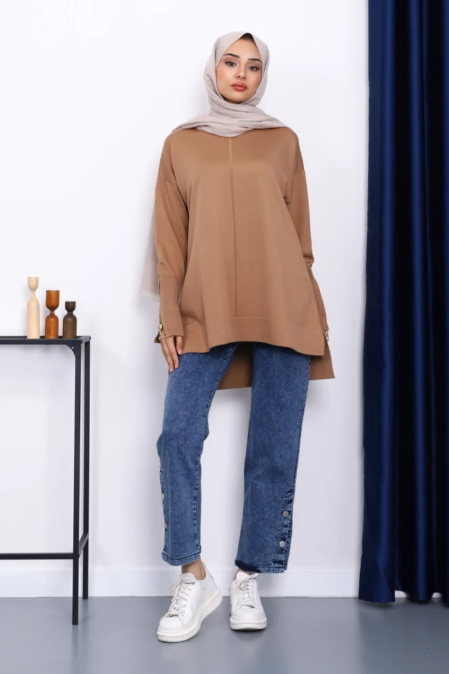 Bisküvi Kol Fermuarlı Soğuk İplik Triko Tunik