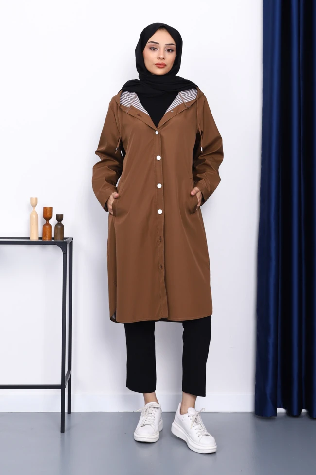 Camel Kapşonlu Düğme Detaylı Trençkot