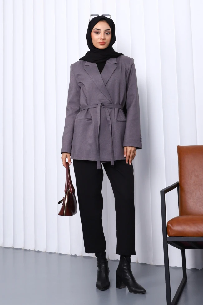 Füme Kruvaze Yaka Düğmeli Blazer Ceket