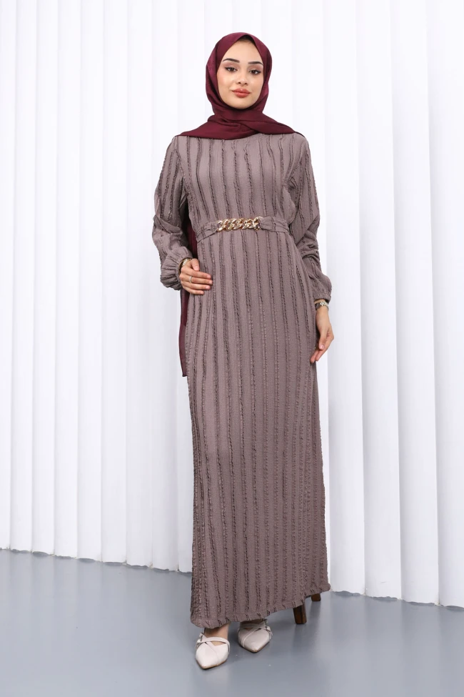 Gri Beli Kemerli Fırfır Detaylı Gofre Elbise