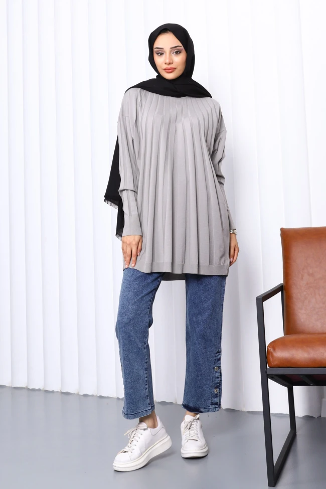 Gri Bisiklet Yaka Merserize Triko Tunik