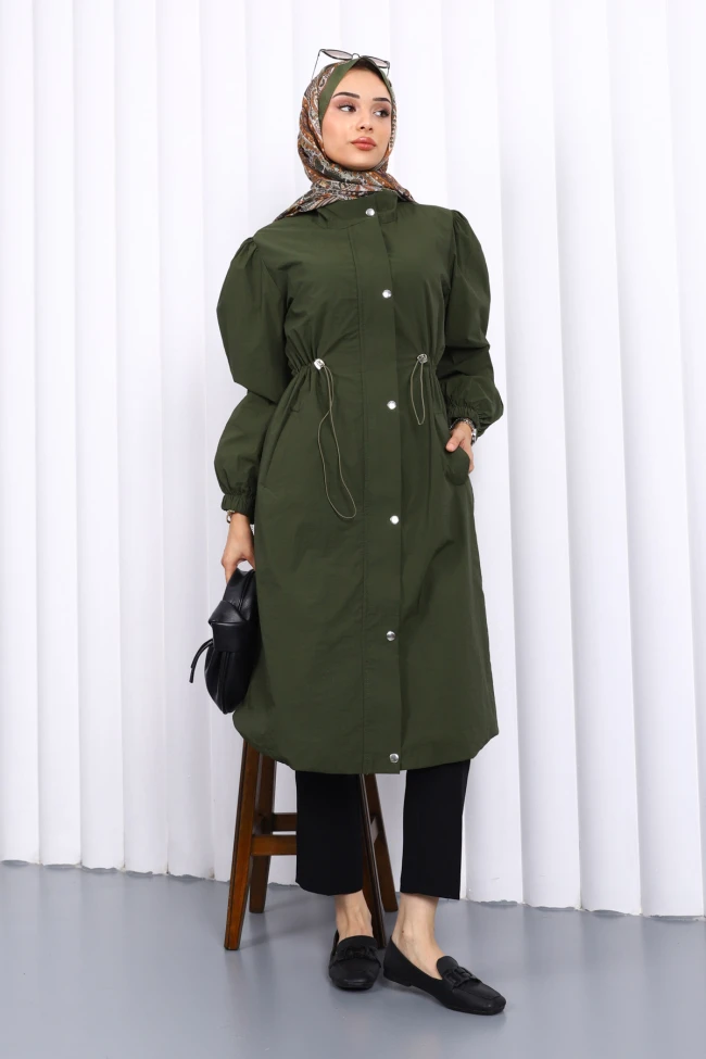 Haki Çıtçıtlı Bel Lastikli Trençkot