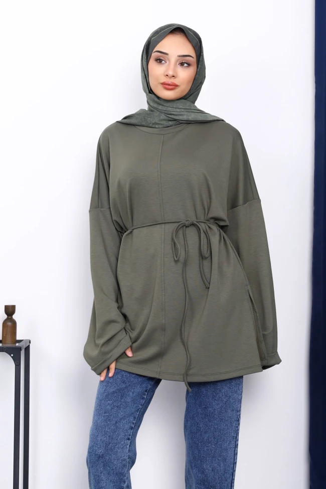 Haki Yanları Yırtmaçlı Bel İpli Tunik