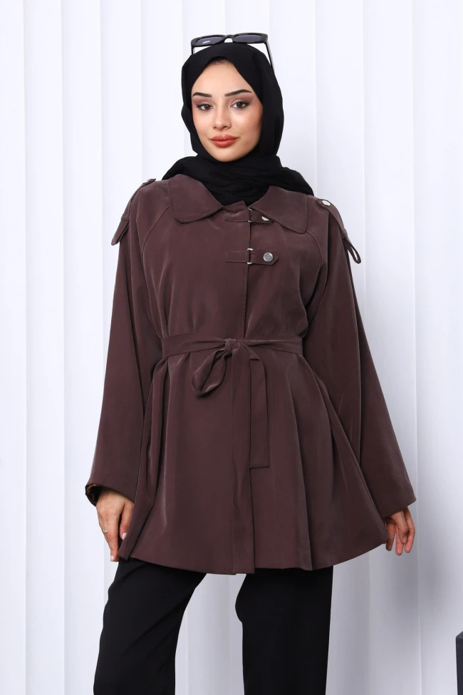 Kahverengi Apolet Detaylı Kuşaklı Trençkot