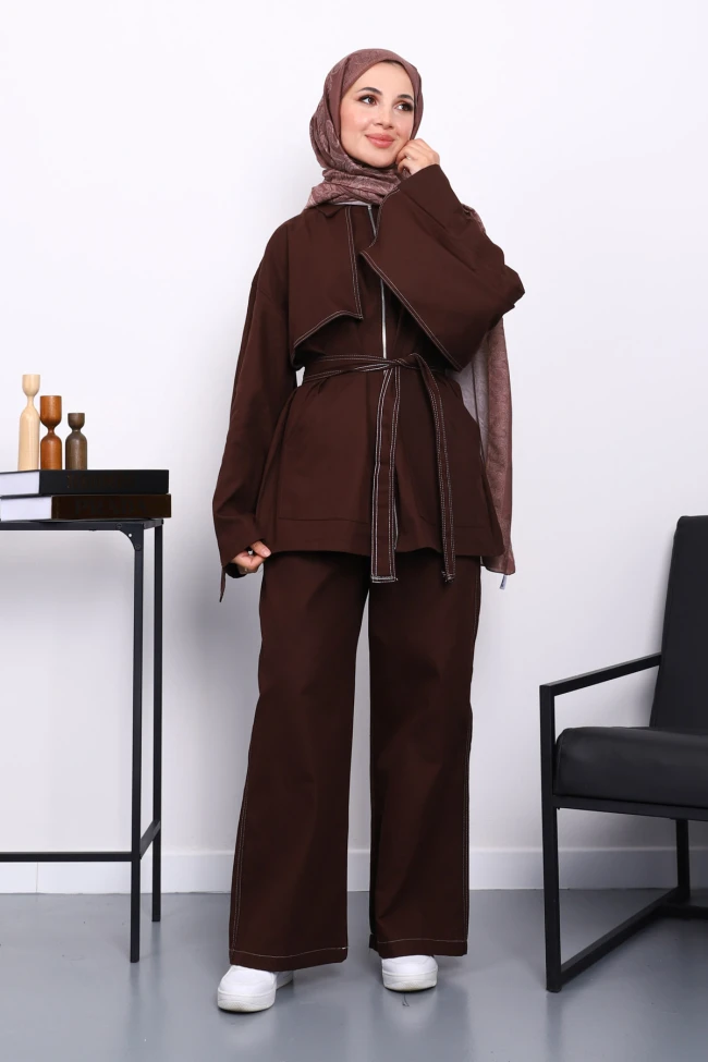 Kahverengi Fermuarlı Gabardin Ceket Pantolonlu Takım