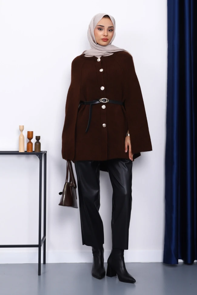 Kahverengi Kemerli Şordonlu Triko Panço