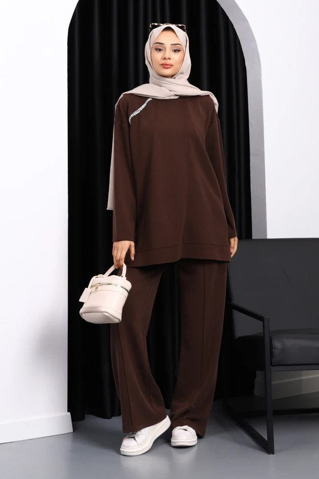 Kahverengi Taş Detaylı Tunik Pantolonlu Modal Takım