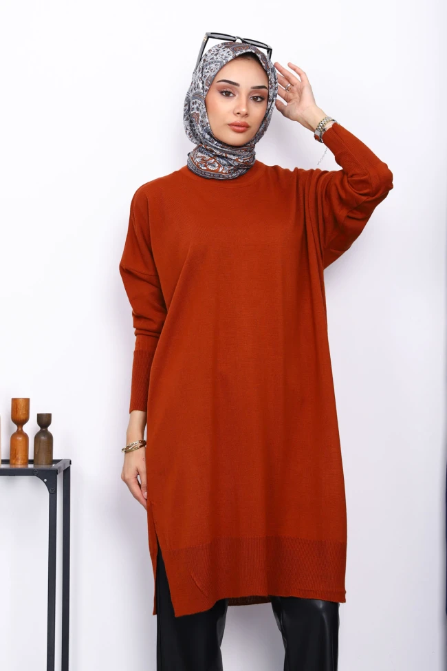 Kiremit Bisiklet Yaka Merserize Salaş Triko Tunik