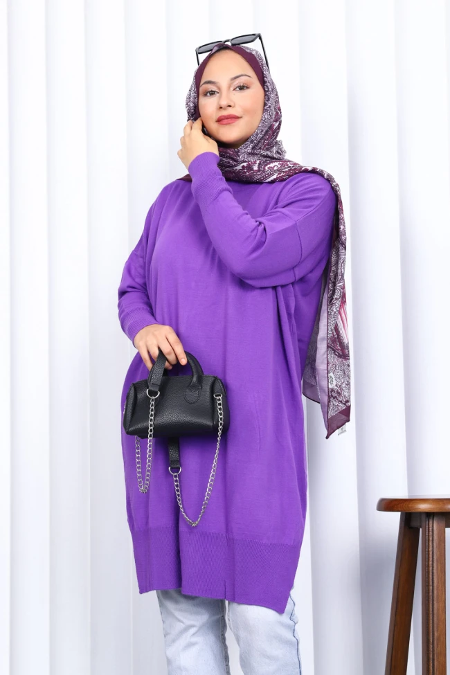 Koyu Lila Bisiklet Yaka Merserize Salaş Triko Tunik