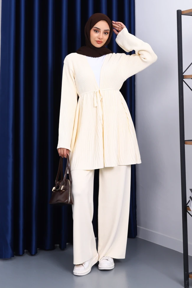 Krem Bel Kuşaklı Hırka Pantolonlu Takım