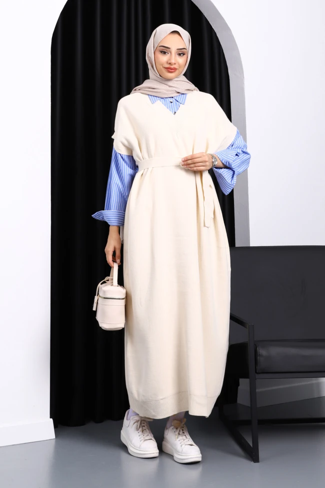 Krem Gömlek Garnili Kuşaklı Triko Elbise