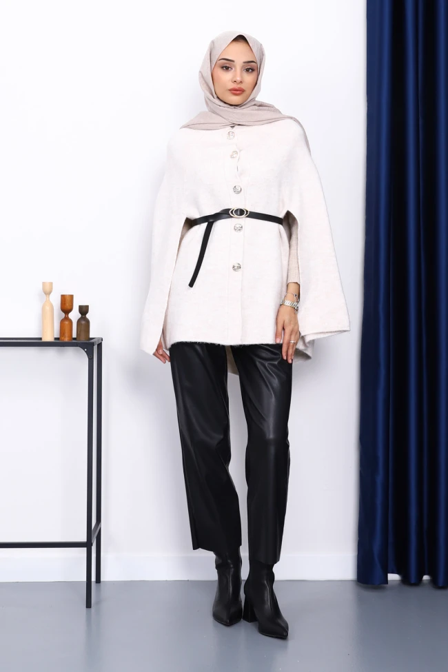 Krem Kemerli Şordonlu Triko Panço