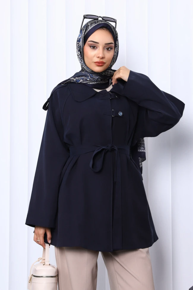 Lacivert Apolet Detaylı Kuşaklı Trençkot