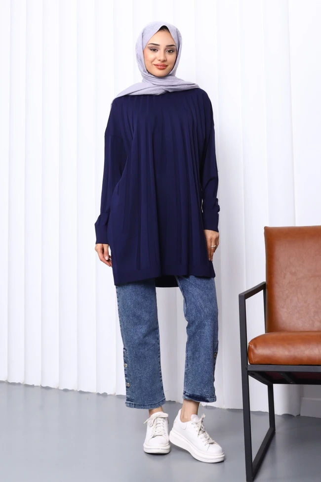 Lacivert Bisiklet Yaka Merserize Triko Tunik