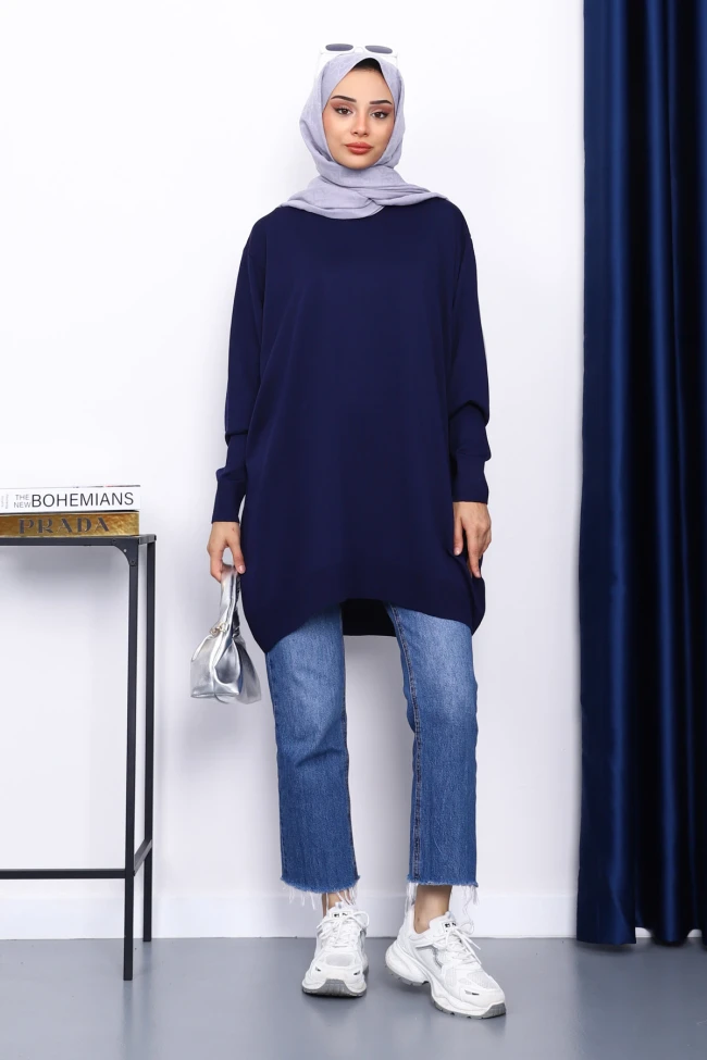 Lacivert Bisiklet Yaka Merserize Tunik