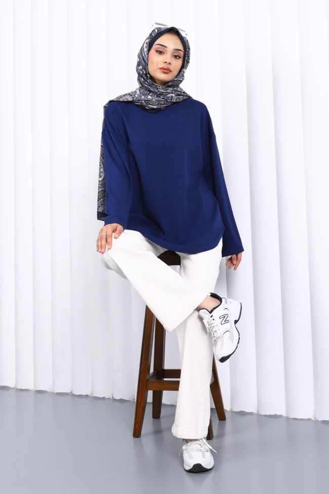 Lacivert Bisiklet Yaka Modal Tunik