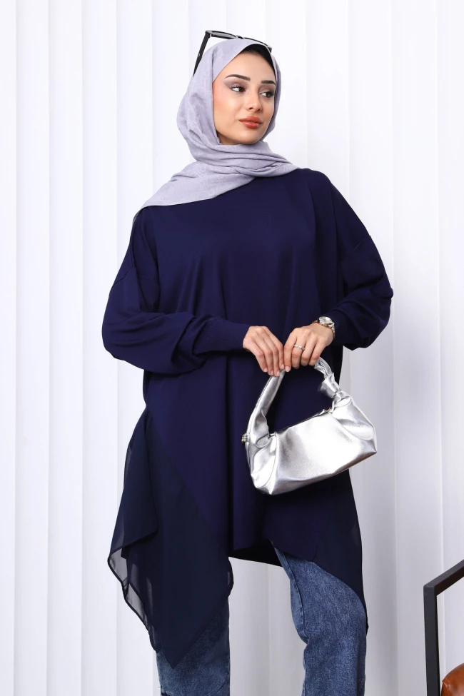 Lacivert Bisiklet Yaka Tül Detaylı Tunik