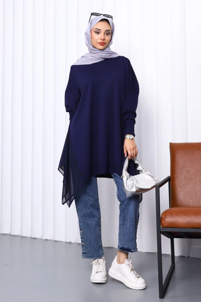 Lacivert Bisiklet Yaka Tül Detaylı Tunik