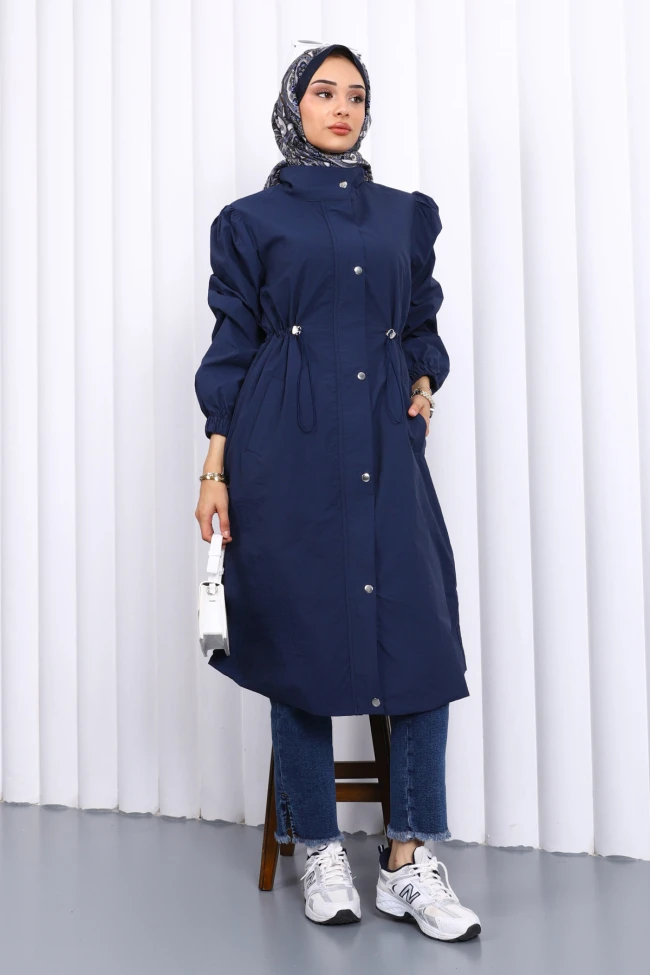Lacivert Çıtçıtlı Bel Lastikli Trençkot