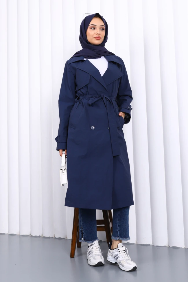 Lacivert Kruvaze Yaka Trençkot