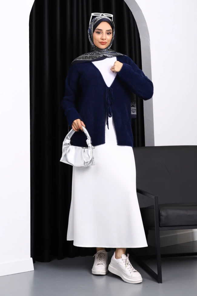 Lacivert Ön Bağlama Detaylı Angora Yumoş Hırka