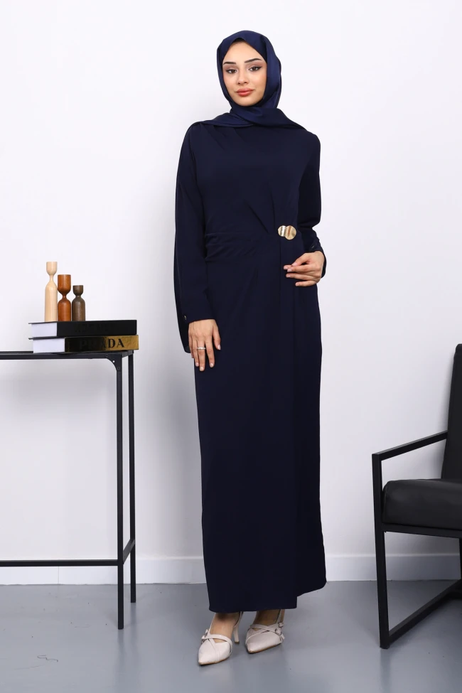 Lacivert Önü Drapeli Tokalı Krep Elbise