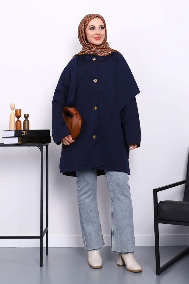 Lacivert Pelerin Detaylı  Düğmeli Trençkot