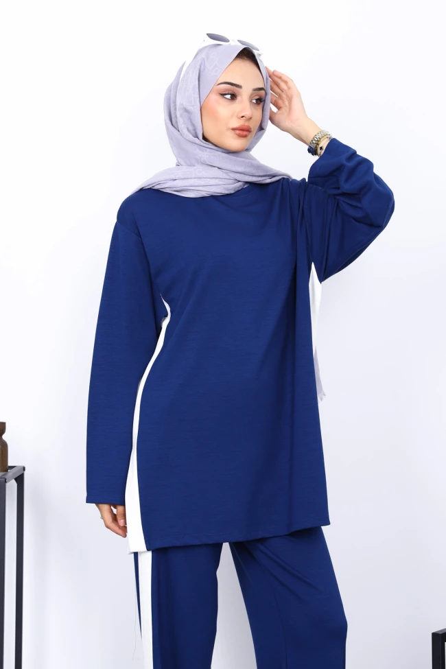 Lacivert Renk Bloklu Modal Tunik Pantolonlu Takım