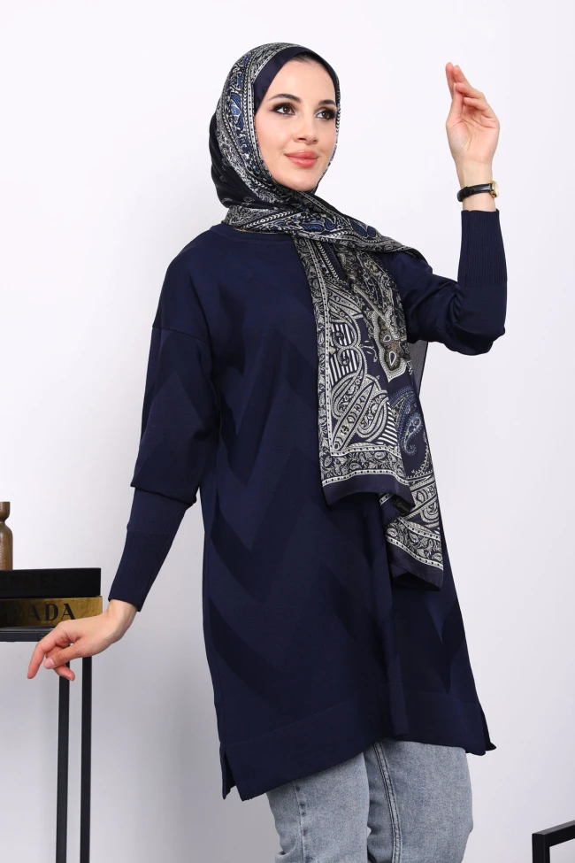 Lacivert Soğuk İplik Bisiklet Yaka Triko Tunik