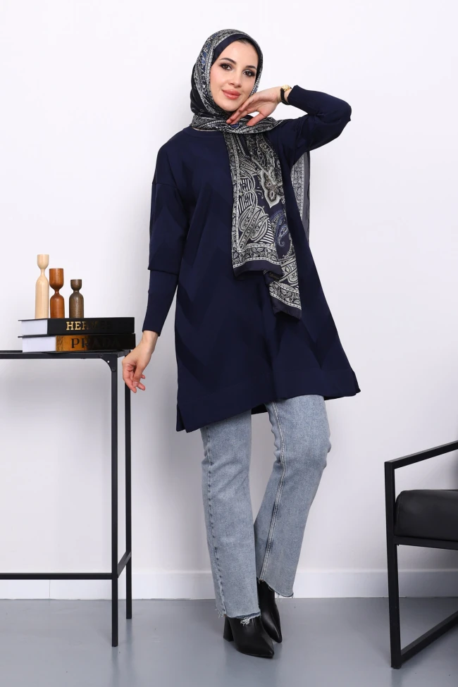 Lacivert Soğuk İplik Bisiklet Yaka Triko Tunik